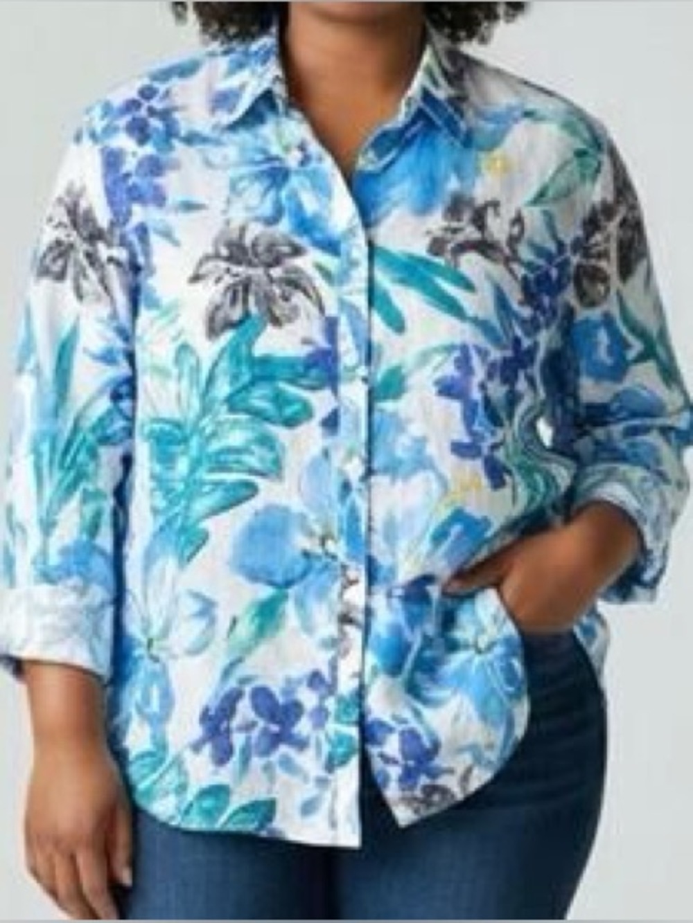 Lauren Ralph Lauren White Blue Floral Print 100% Linen Button-Up Shirt Size 1X